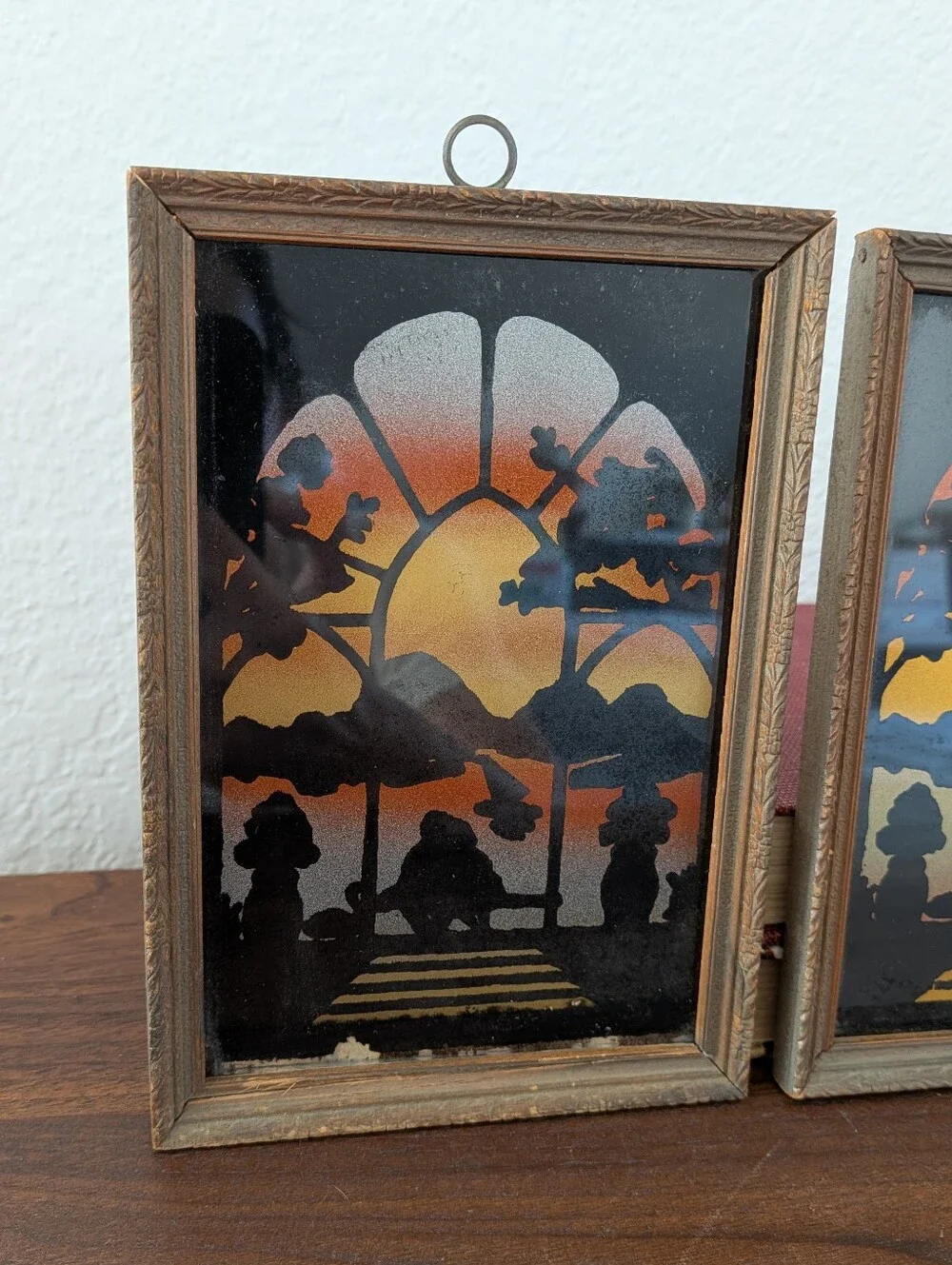 Vintage Set Reverse PaintedSilhouette Window Sunset Couple Lake